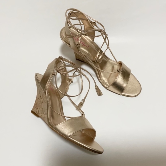 Lilly Pulitzer Aria Cork Wedge Heel Gold Leather Pump Sandal Lace Up Dress Shoes - Picture 6 of 12